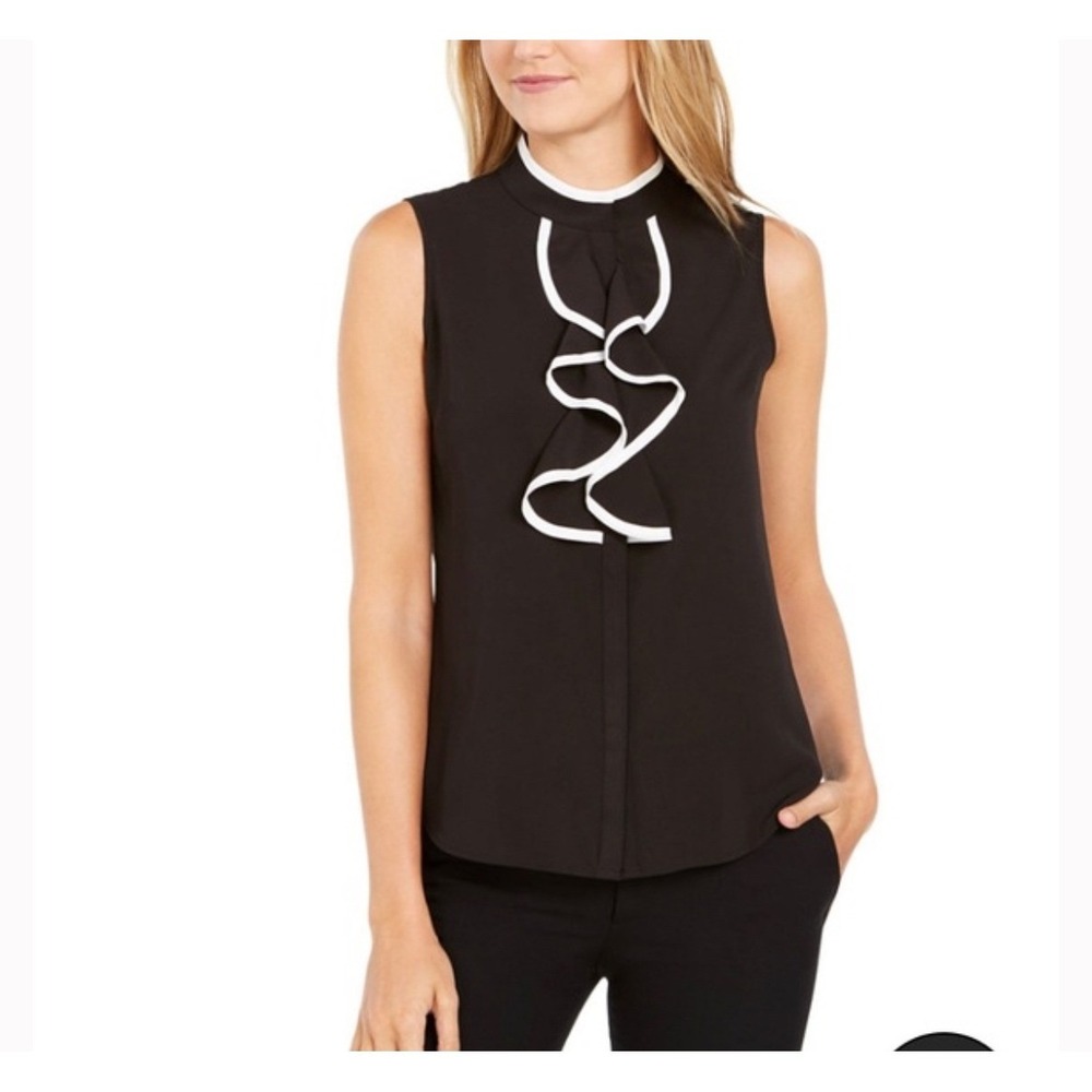 Calvin Klein 2X Black Sleeveless Ruffle Front Mock Neck Blouse Top